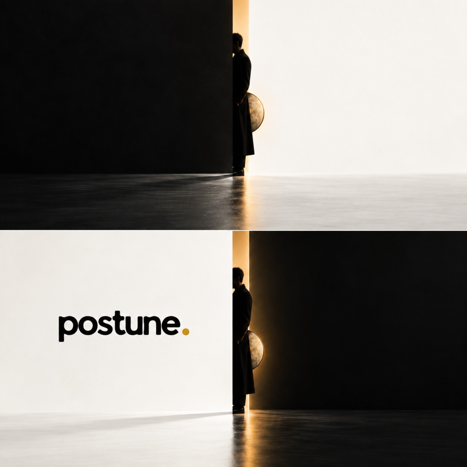 Postune avec son bendir, à la frontière entre un mur noir et un espace blanc, reliés par un trait de lumière ambre.