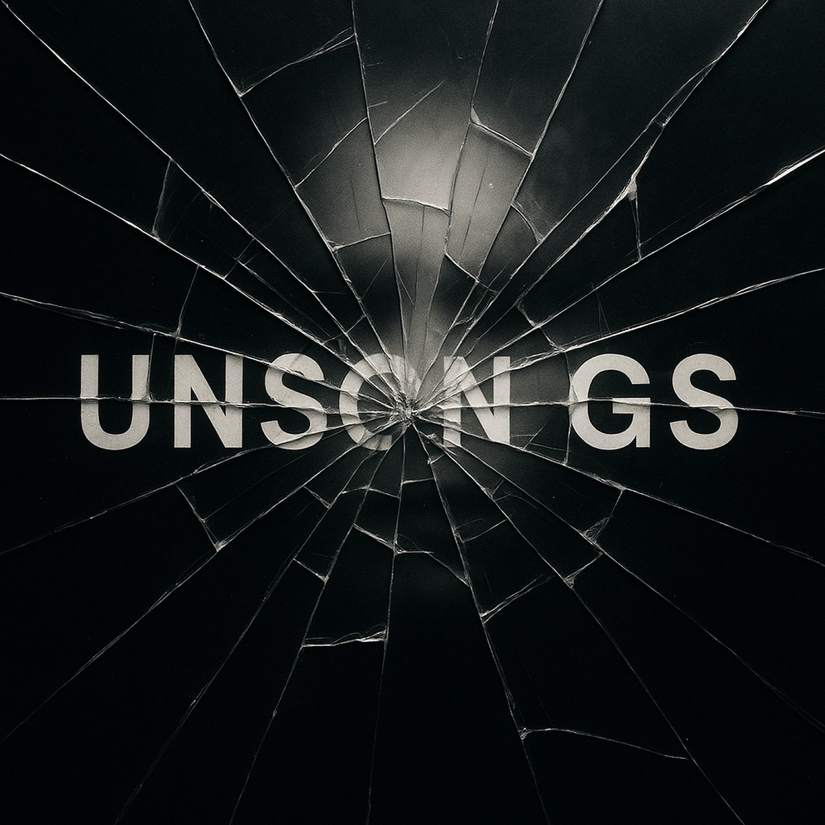 Pochette officielle de l’album UNSONGS de Postune : le titre derrière un verre brisé.